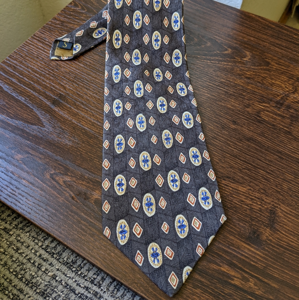 Robert Talbott Studio Brown Taupe Geometric Diamond Oval Silk Necktie